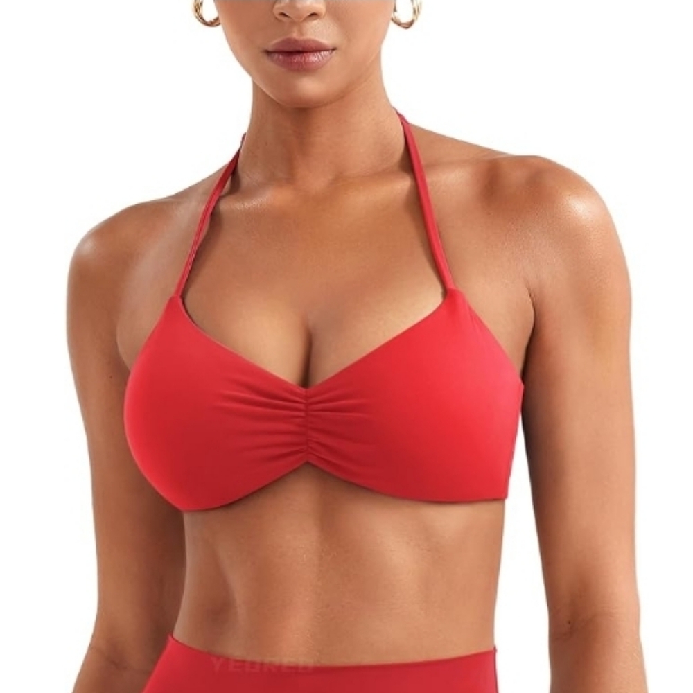 Halter Sports Bra Adjustable Strappy Open Back Impact Removable Pads Red